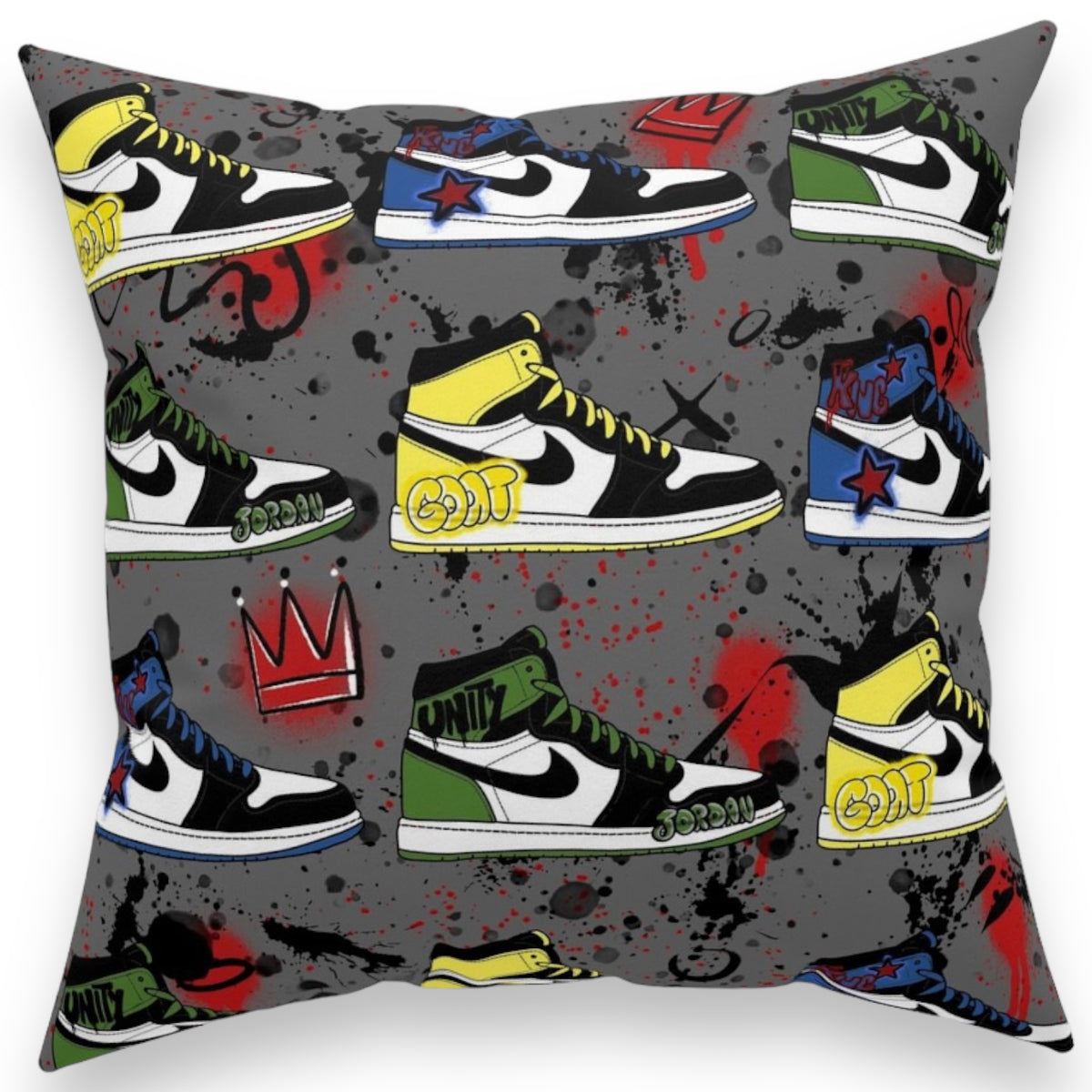 Graffiti Sneakers Autograph Pillow in gray with colorful sneakers in yellow, green, and blue featuring graffiti-style text and paint splatter design, perfect for camp bunk signings