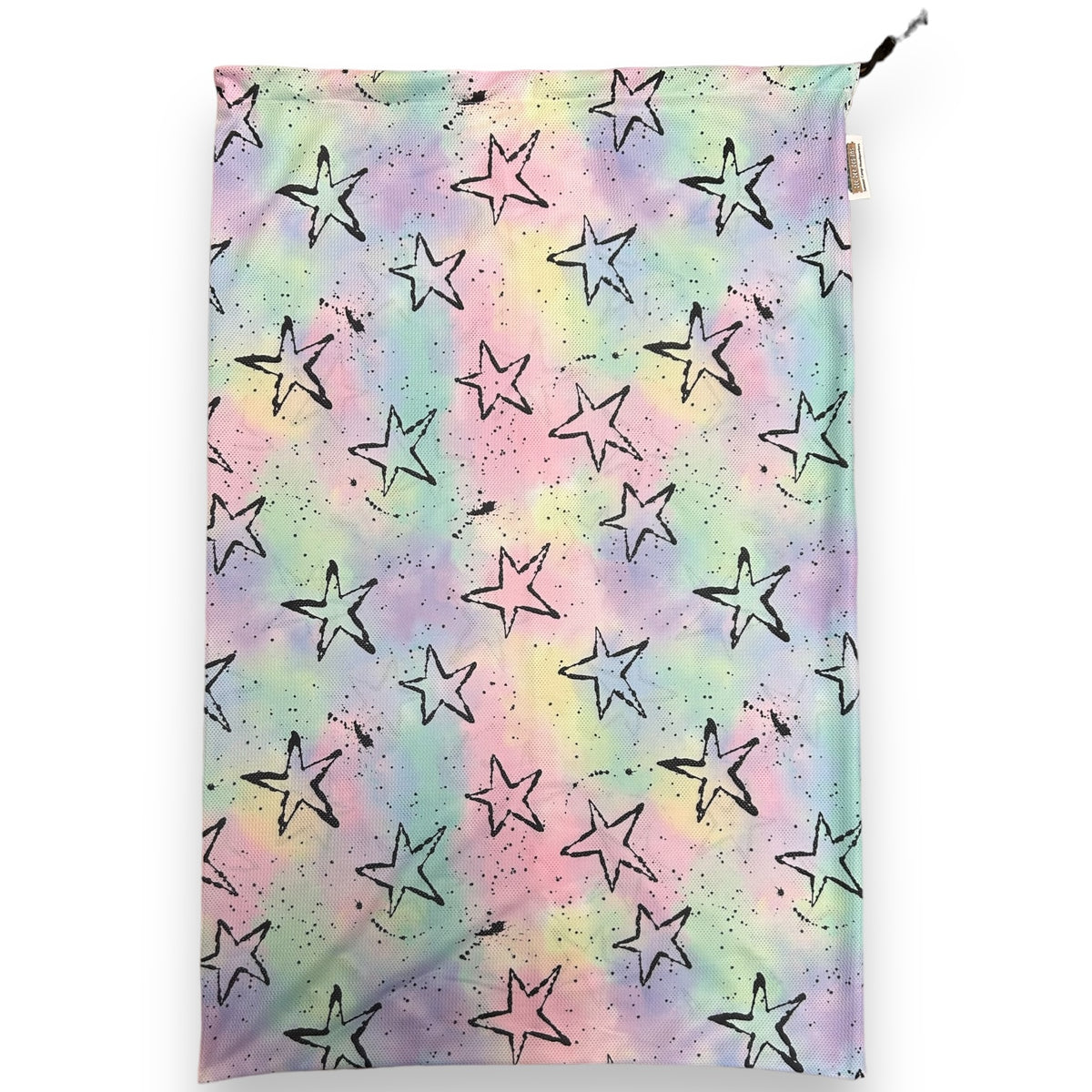Pastel Splatter Stars Camp Mesh Laundry Bag for dirty clothes – summer camp essential, breathable mesh, Bee Bee Designs.