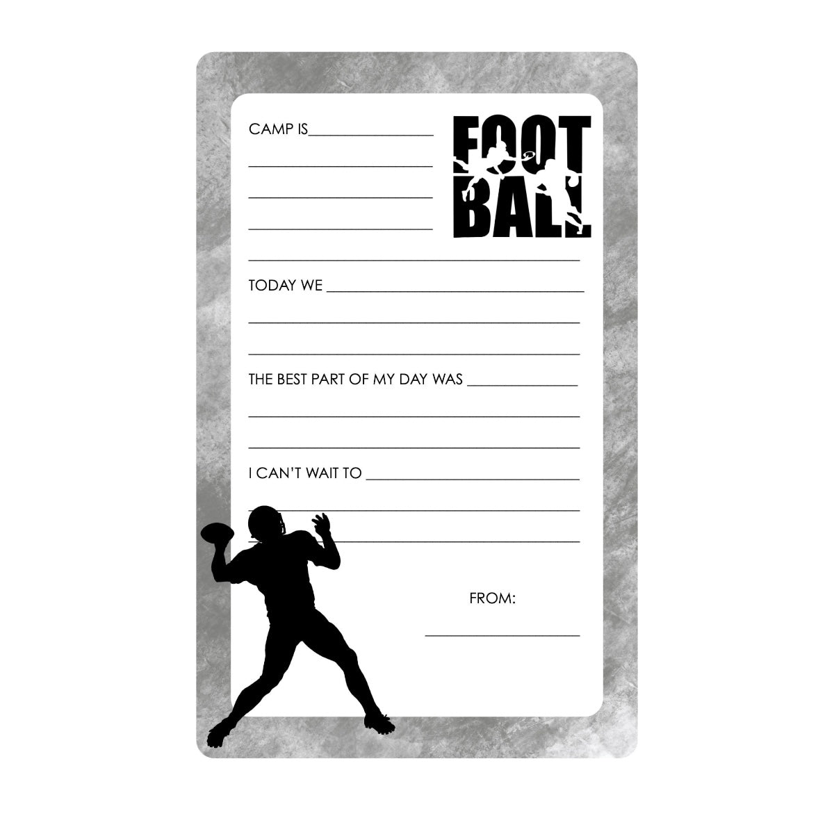Football-themed fill-in-the-blank stationery for boys at camp
