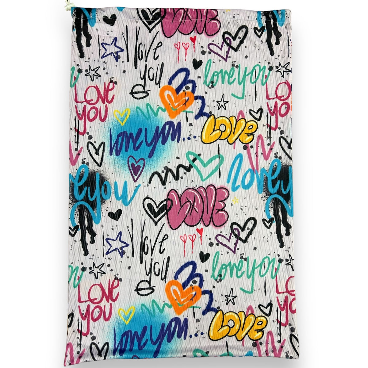 Love You Lots Camp Mesh Laundry Bag for dirty clothes – summer camp essential, breathable mesh, Bee Bee Designs.