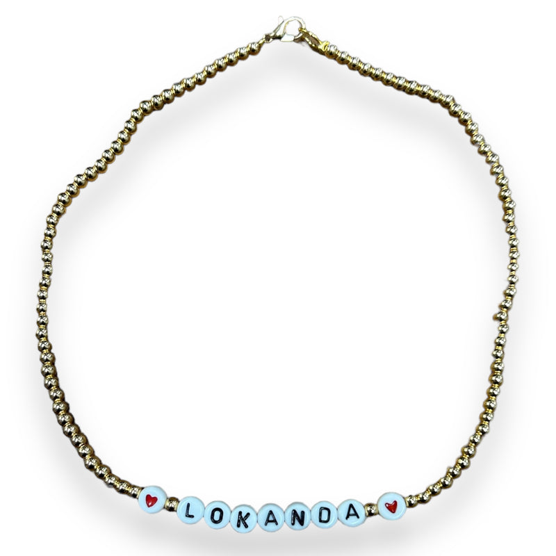 Gold Beaded Camp Name Necklace