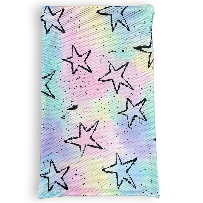 Pastel Splatter Stars Mesh Sock Bag – keeps socks paired, summer camp bunk essential, Bee Bee Designs.
