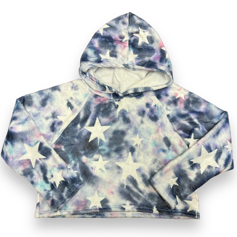 Bleached Dye Dripping Stars Fuzzy Cropped Hoodie
