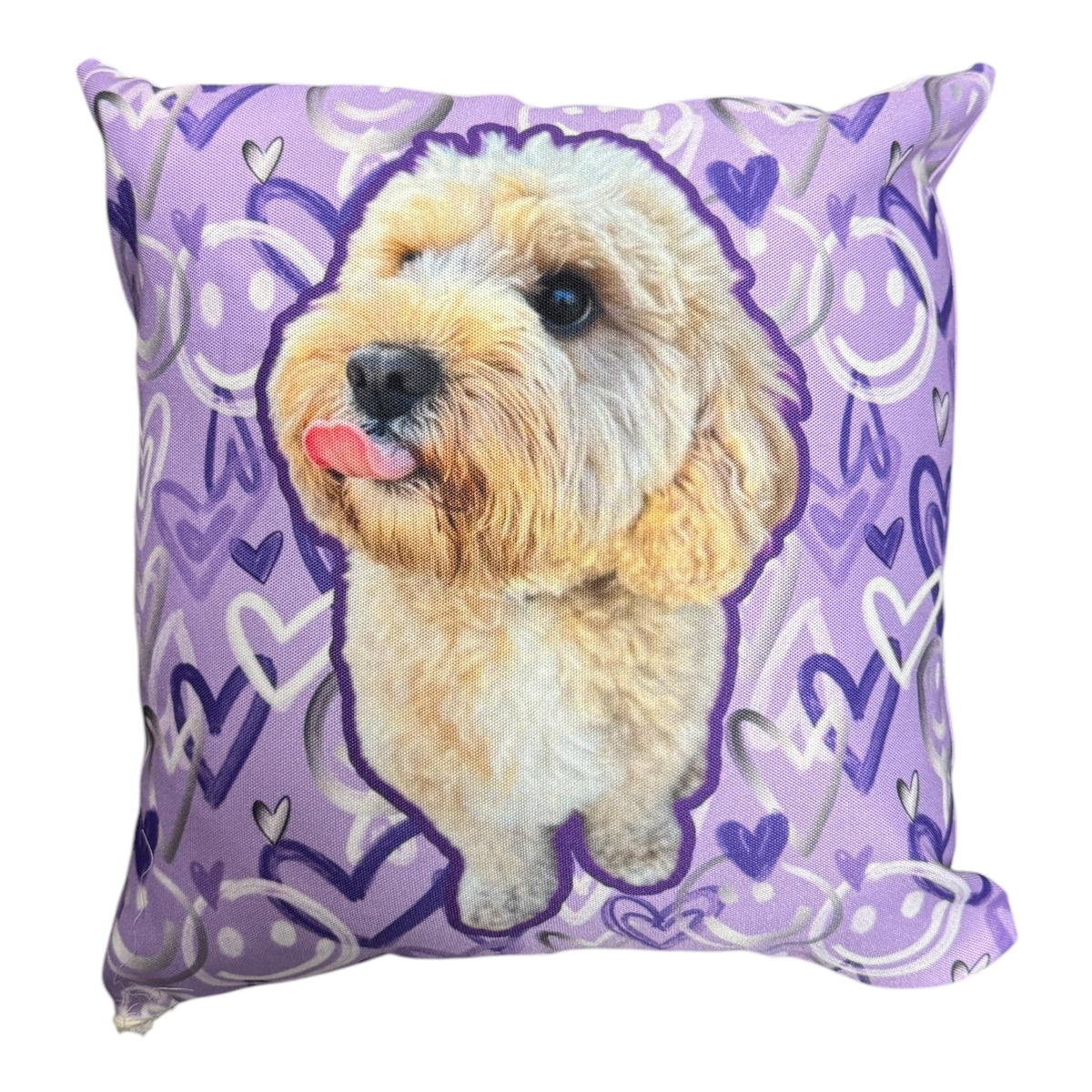 Graffiti Love Smiles Photo and Note Pillow featuring white fluffy dog on purple background with hand-drawn hearts and swirls design for sleepaway camp