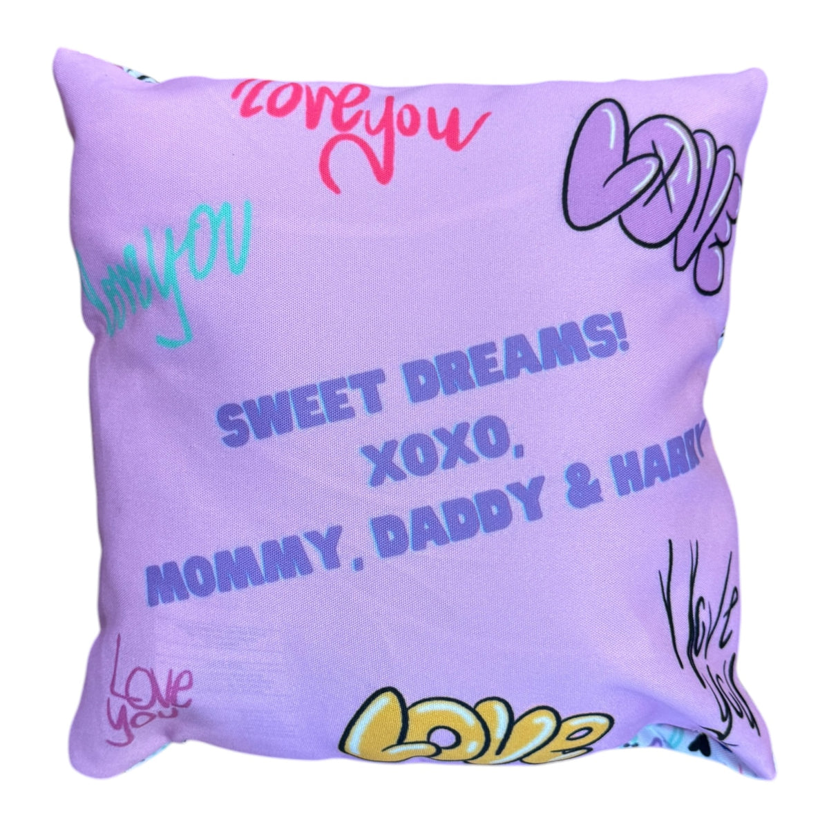 Back of Love You Lots photo pillow in purple with colorful graffiti text reading sweet dreams xoxo mommy daddy and happy personalized message
