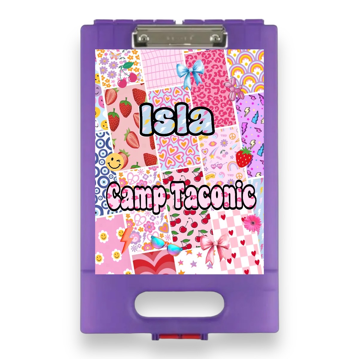 Pretty in Patches purple clipboard with colorful patch-inspired design featuring cherries, strawberries, hearts, bows, rainbows, flowers and retro patterns on white background