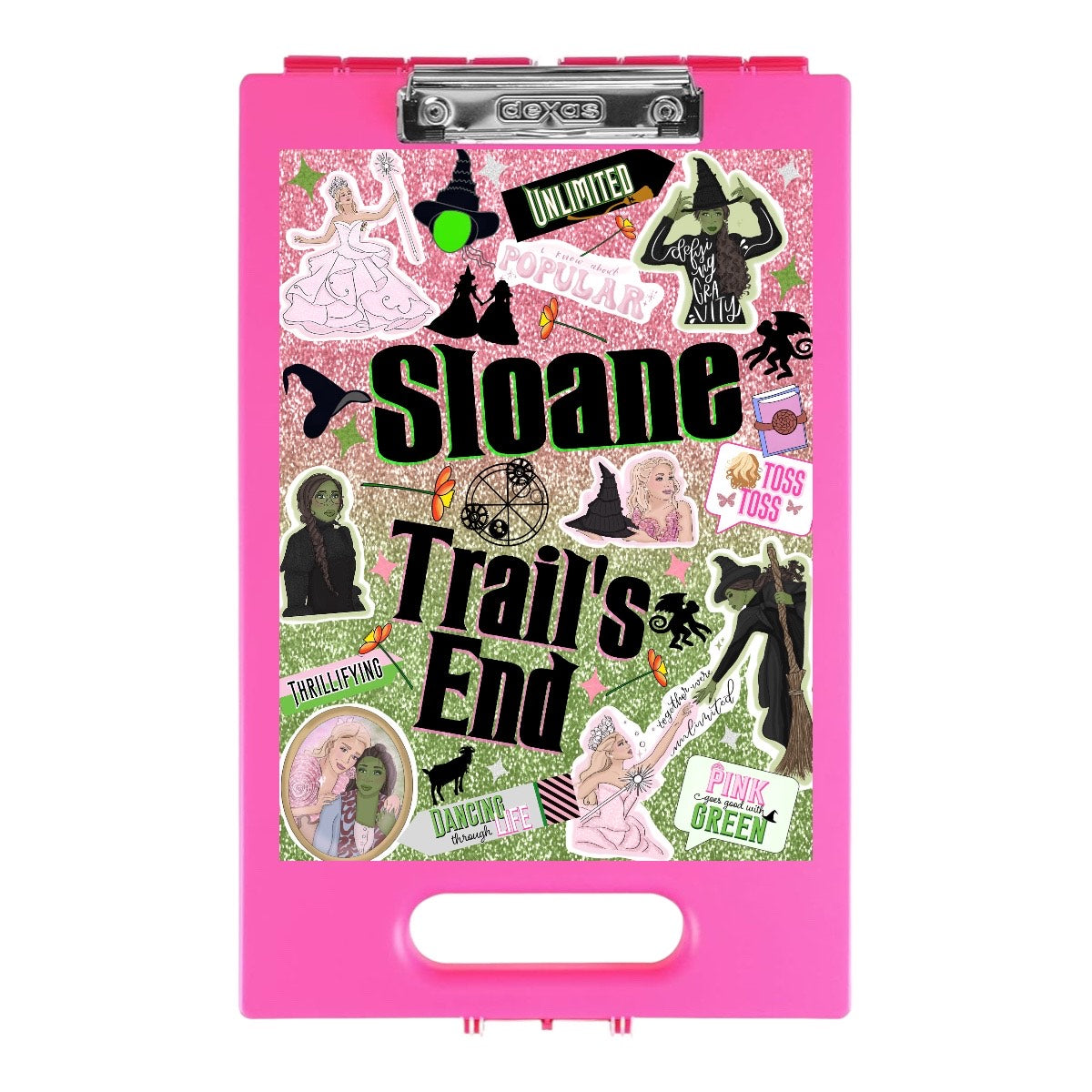 Pink clipboard with glittery Wicked design featuring Elphaba and Glinda silhouettes, popular theater stickers, and Sloane's Trail's End text collage on sparkly pink and green ombre background