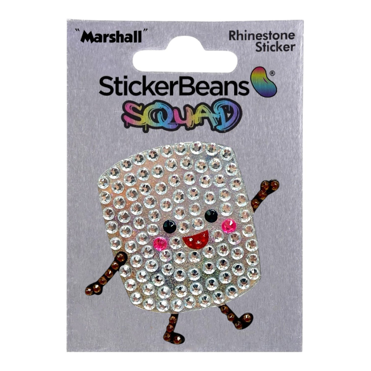 Marshall the Marshmallow Stickerbean Squad 2 inch collectible rhinestone sticker on grey cardboard packaging with rainbow Squad logo