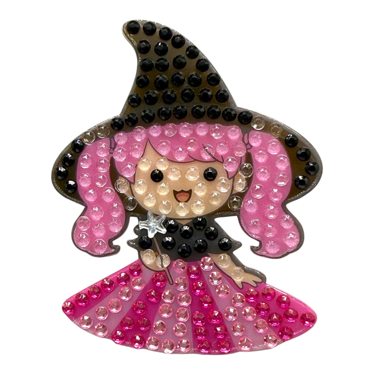 Glinda Stickerbean Squad: rhinestone sticker of a girl witch with pink hair, black hat, and pink dress