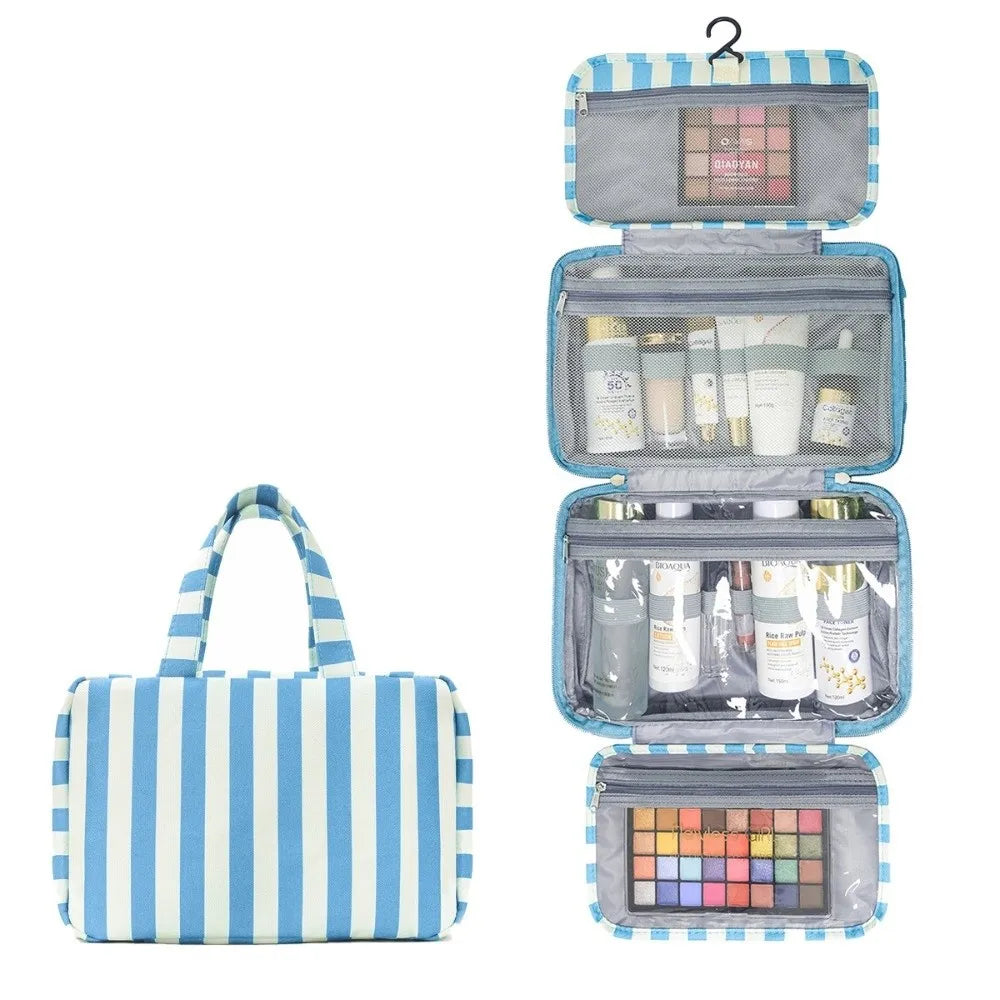 Blue and white striped hanging cosmetic bag