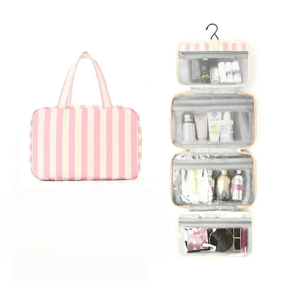 Pink and white striped hanging cosmetic bag