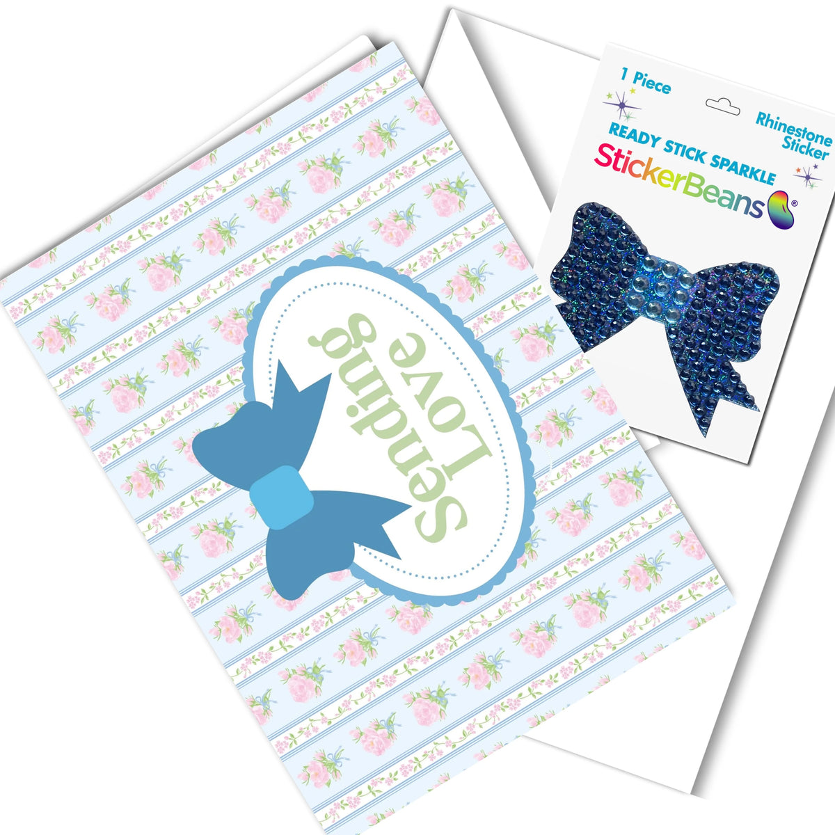 Sending Love Stickerbean card with sparkly blue rhinestone bow sticker on white card packaging by Wishbone brand