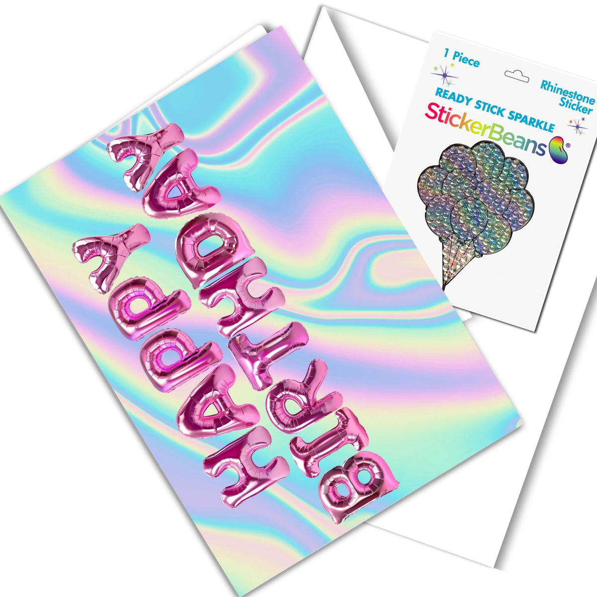 Birthday Balloons Stickerbeans rhinestone sticker featuring colorful ice cream cone with rainbow sprinkles and sparkly gem details on white backing card