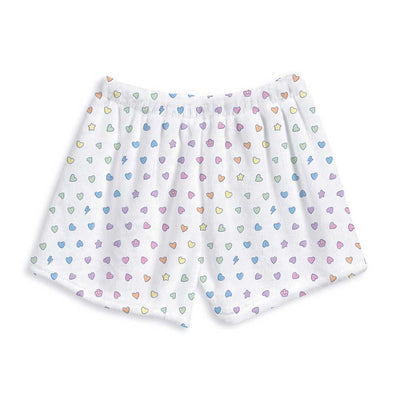 Rainbow fuzzy lounge shorts with colorful heart print, cozy girls camp loungewear or sleepwear