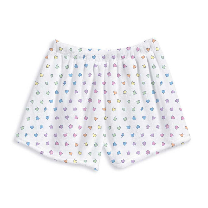Rainbow fuzzy lounge shorts with colorful heart print, cozy girls camp loungewear or sleepwear