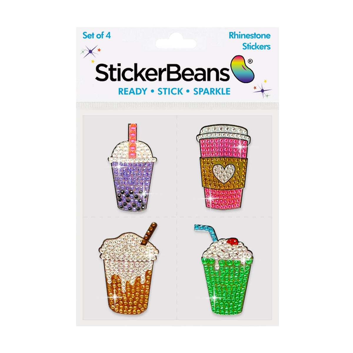 Sip Sip Hooray StickerBeans pack of 4 rhinestone drink stickers: boba, coffee cup, iced latte, green milkshake
