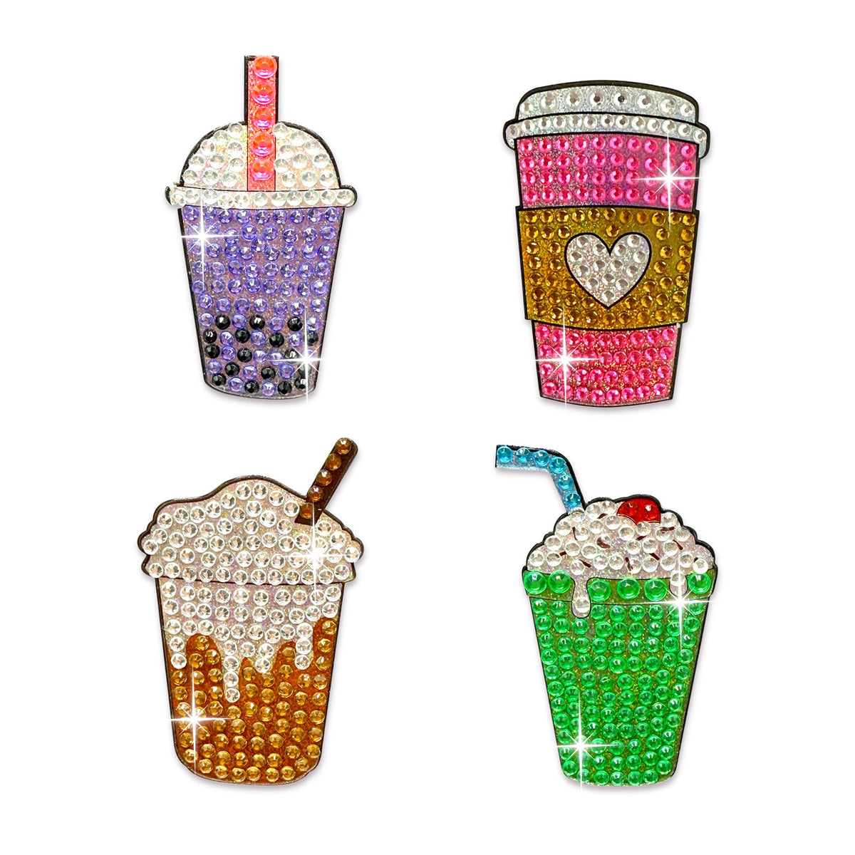 Sip Sip Hooray rhinestone stickers: purple boba tea, pink coffee cup with heart, caramel latte, green milkshake