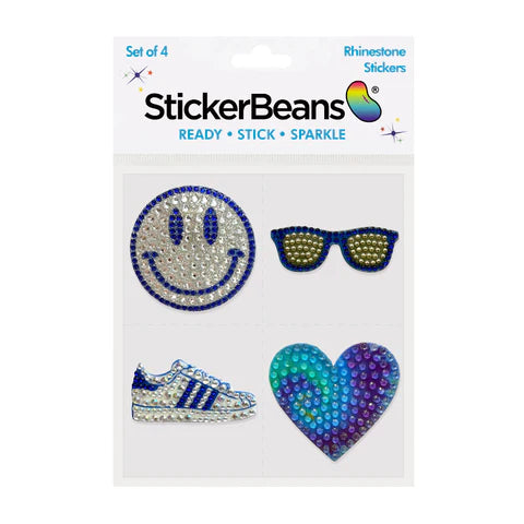 Blue Camp Spirit StickerBean set of 4 with rhinestone embellished designs including silver and blue smiley face, blue and yellow sunglasses, silver sneaker with blue stripes, and ombré blue to purple gradient heart on white backing card