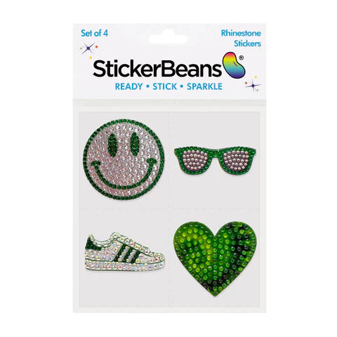 Green Camp Spirit StickerBean set of 4 rhinestone stickers featuring sparkly smiley face, sunglasses, sneaker and ombré green heart on white background