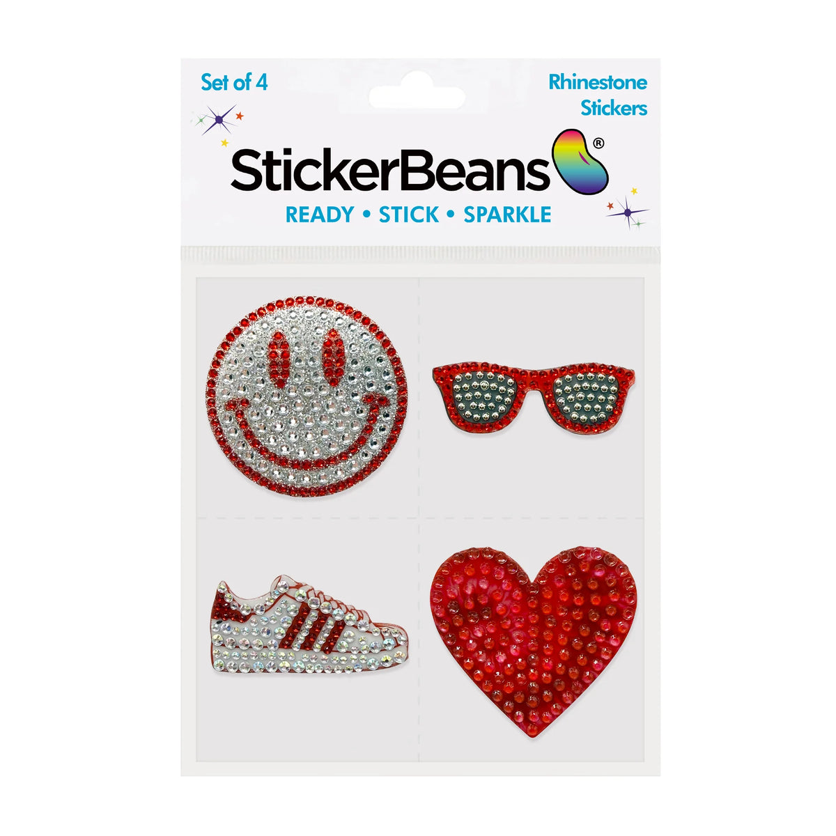 Red Camp Spirit StickerBean set of 4 rhinestone stickers featuring silver smiley face with red outline, red sunglasses with silver lenses, white sneaker with red stripes, and red sparkly heart on white StickerBeans branded package