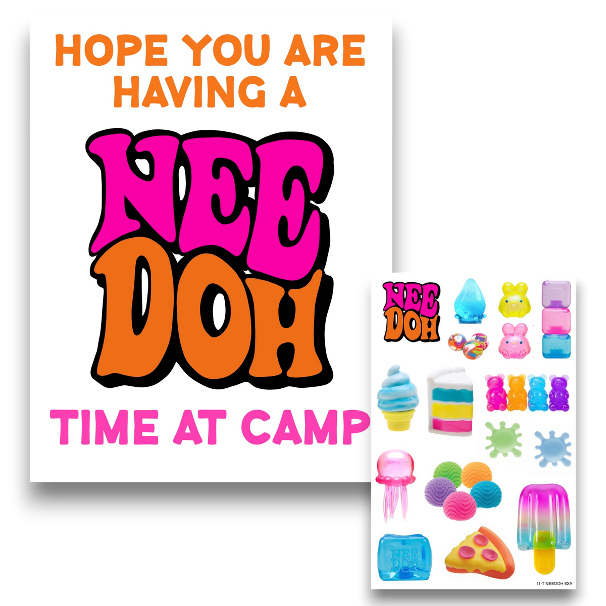 NeeDoh Cling It Card with colorful repositionable vinyl stickers featuring pink and orange NEE DOH lettering, squishy toys, ice cream cones, gummy bears, popsicles, jellyfish and other fun designs on white backing sheet