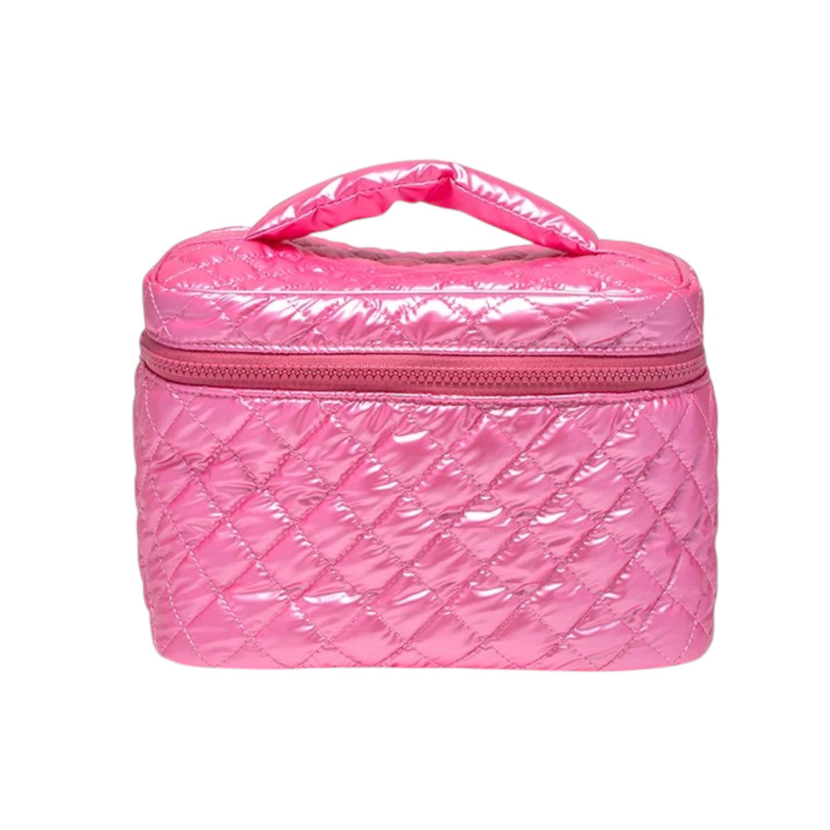 Hot Pink Cosmetic Travel Bag: glossy pink quilted makeup case with top handle