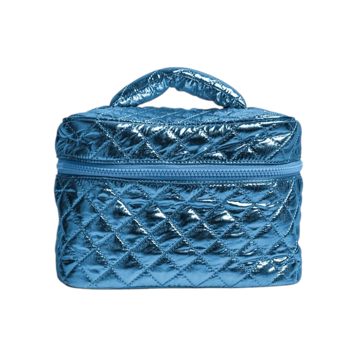 Navy Cosmetic Travel Bag: shiny metallic blue quilted makeup case with top handle
