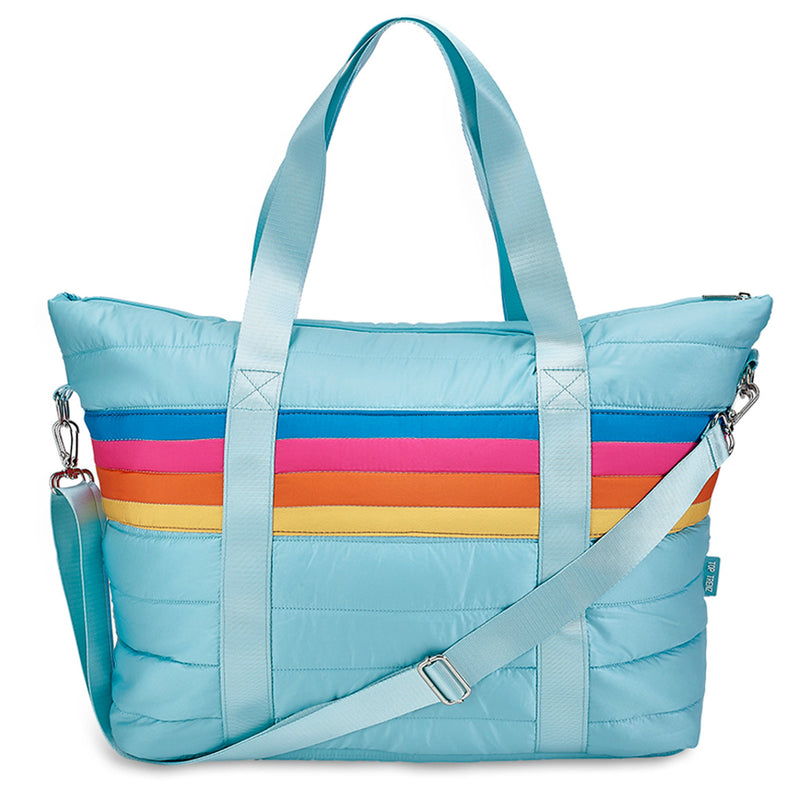 Blue puffer weekender tote bag with retro stripe and optional name embroidery, perfect for camp or travel.”