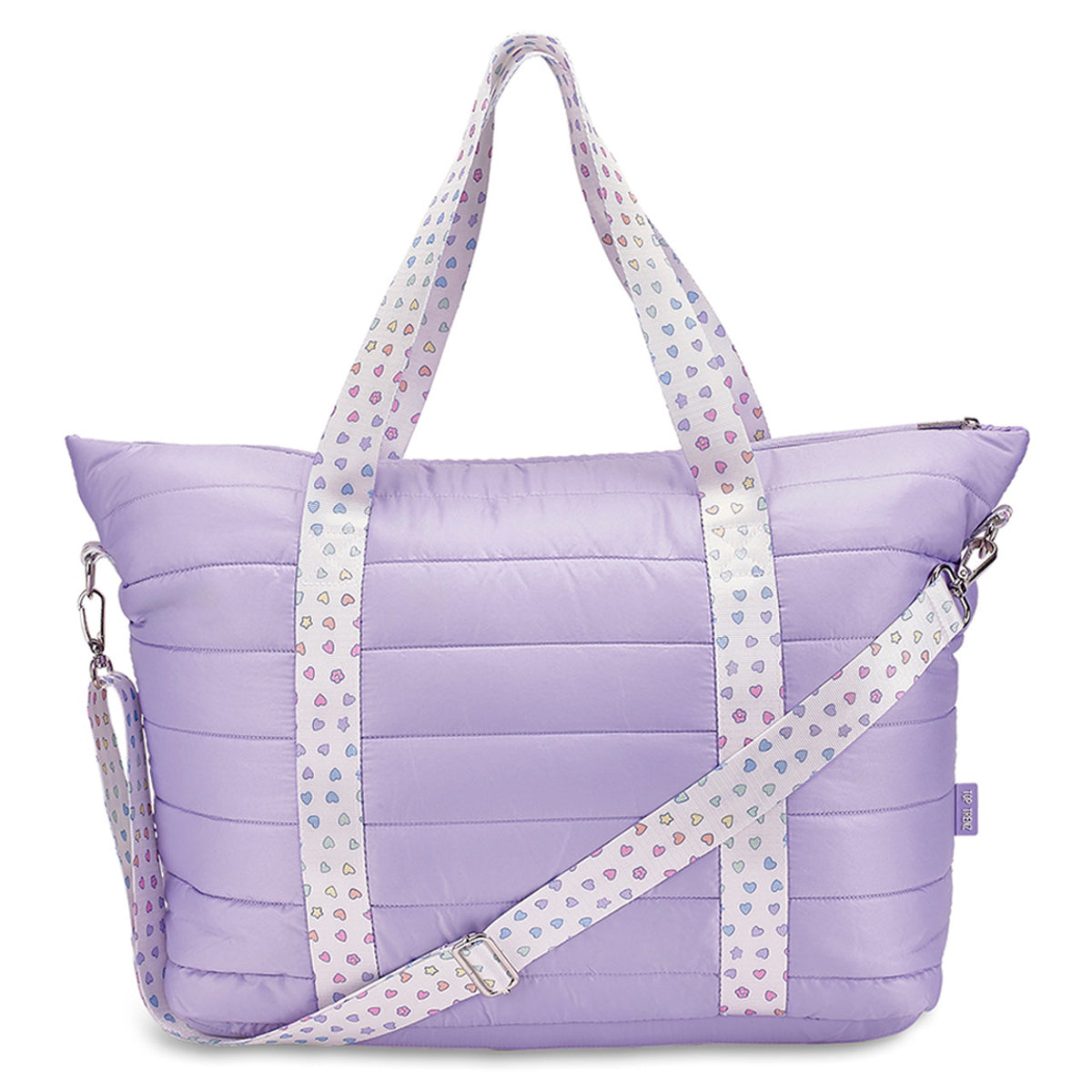 Lavender quilted puffer tote bag with white straps printed with pastel rainbow hearts