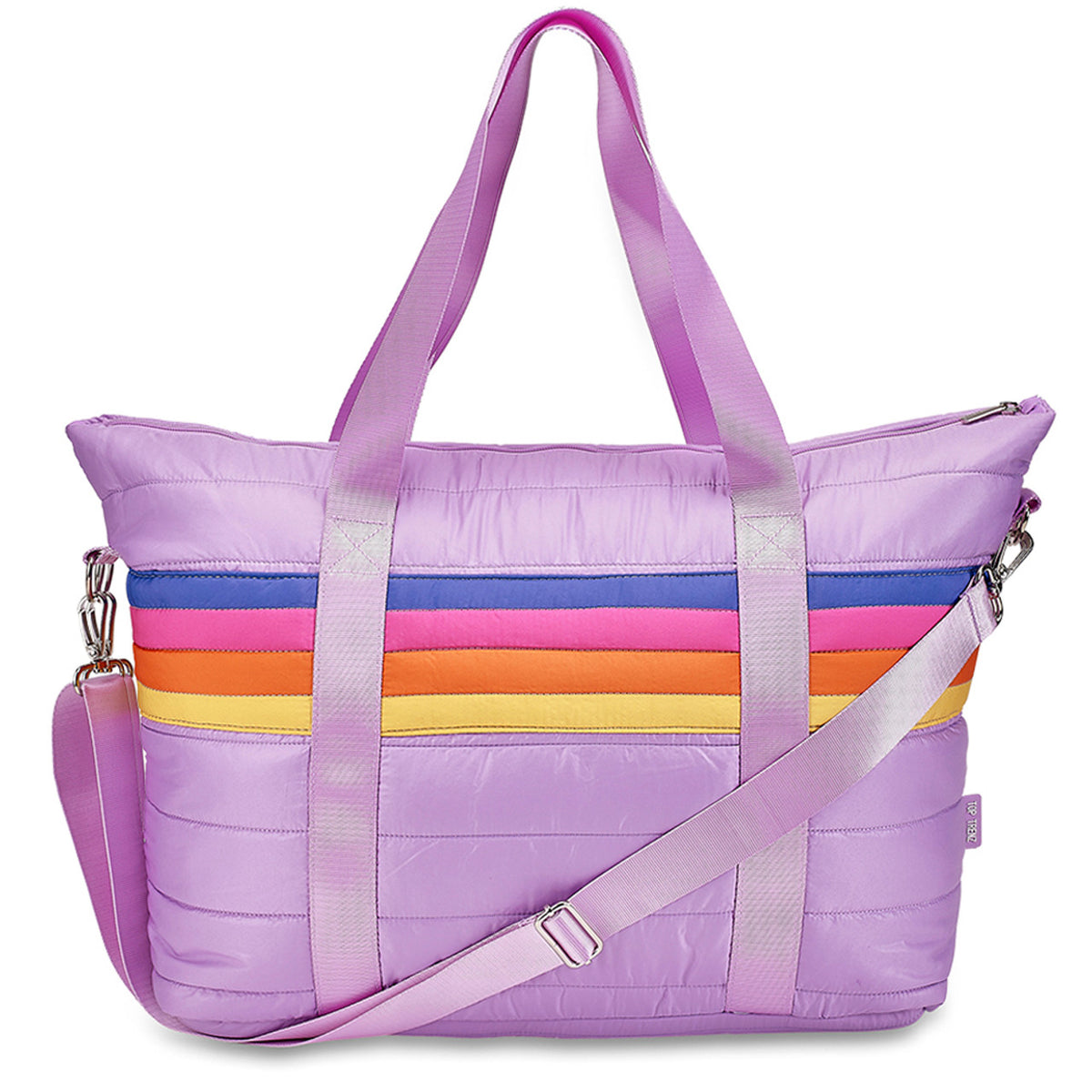 “Purple puffer weekender tote bag with retro stripe and optional name embroidery, perfect for camp or travel.”