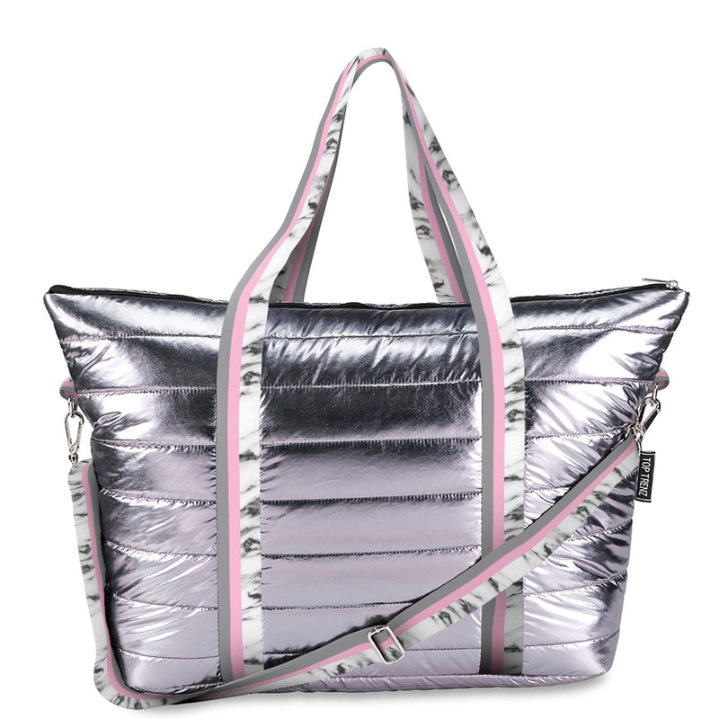 Gunmetal Puffer Weekender Tote with Marble Striped Straps