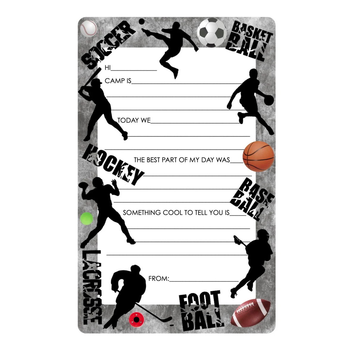 All Sports Fill-In Notepad with sports silhouettes and fill-in-the-blank lines for camp letters