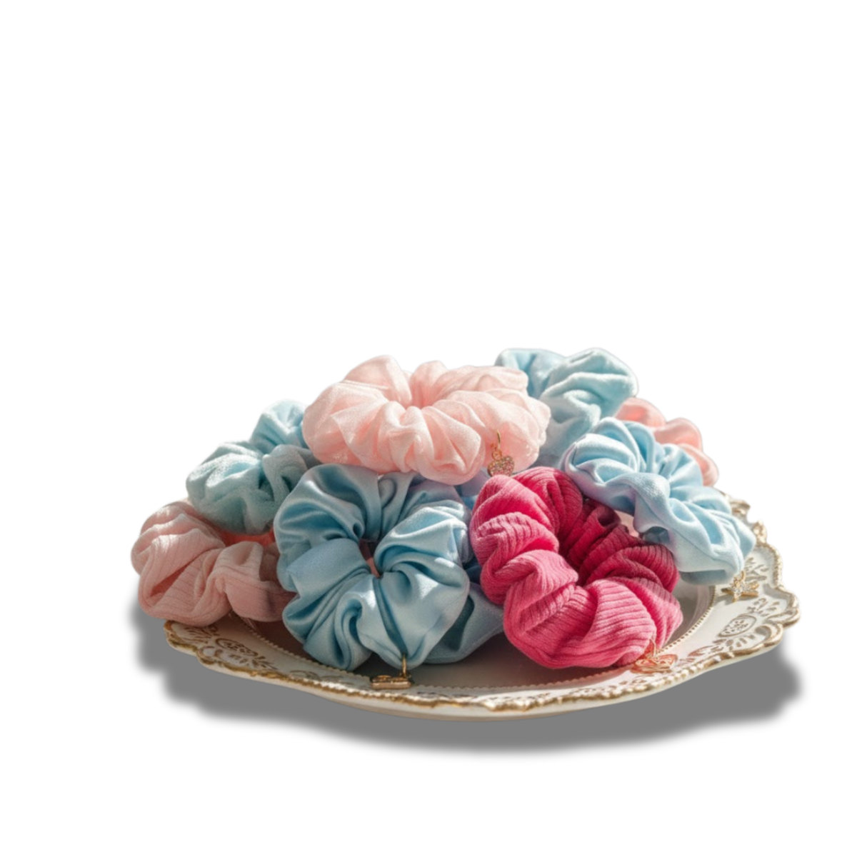 Pile of pastel pink and blue scrunchies with tiny gold charms on a decorative plate