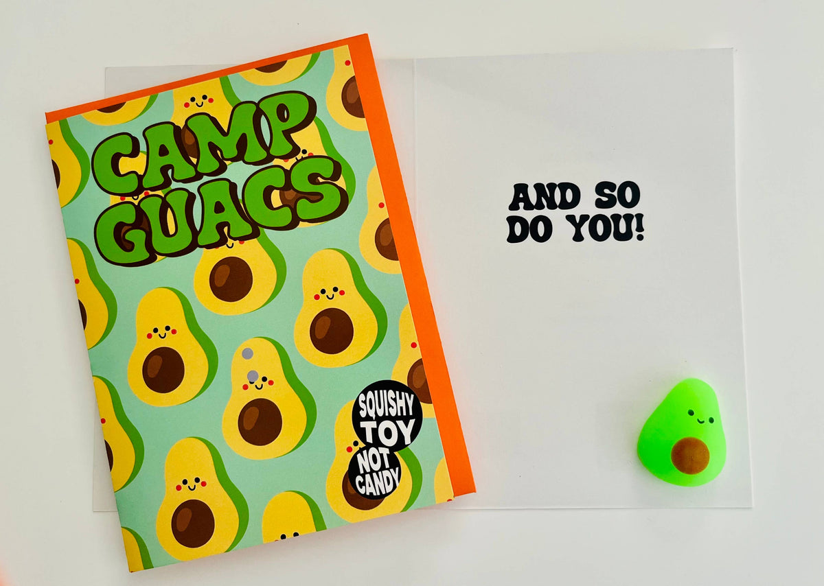 Camp Guacs greeting card with colorful avocado pattern in yellow and green on turquoise background, orange border, includes mini green avocado squishy toy with brown pit, card reads squishy toy not candy