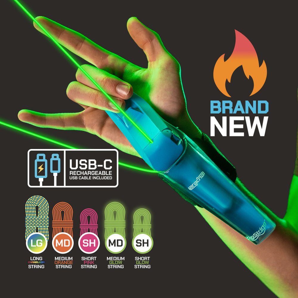 ZipString Arcana glowing green string launcher toy held in hand with rechargeable USB-C blue handle and bright green looping string effect