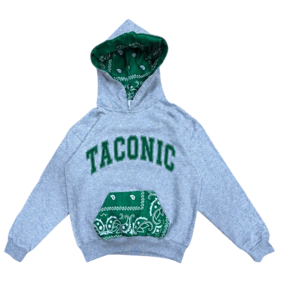 Bandana Trim Camp Hoodie in heather gray with green bandana hood lining and pocket, personalized with camp name