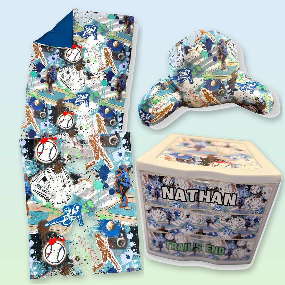 The graffiti baseball bunk bundle: reversible comforter, bedrest, fuzzy blanket and drawers.
