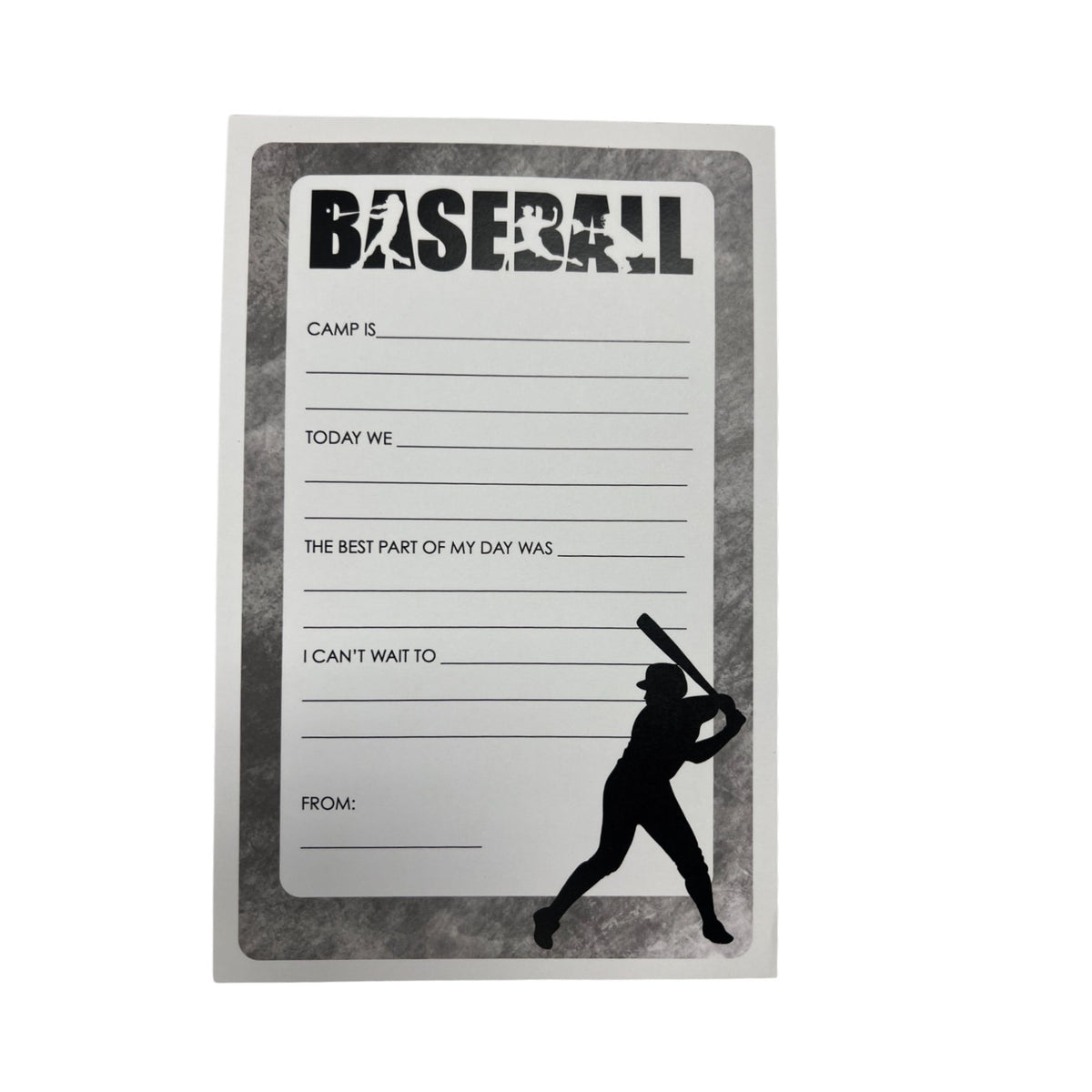 Camp stationery with baseball print and easy writing prompts