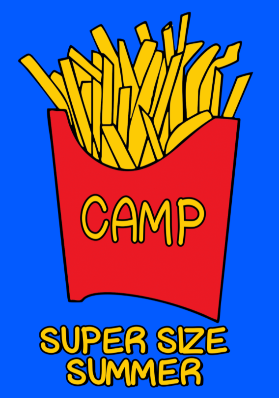 Close up of Camp Fries card showing bright yellow french fries bursting from red container labeled CAMP with Super Size Summer text on bold blue background