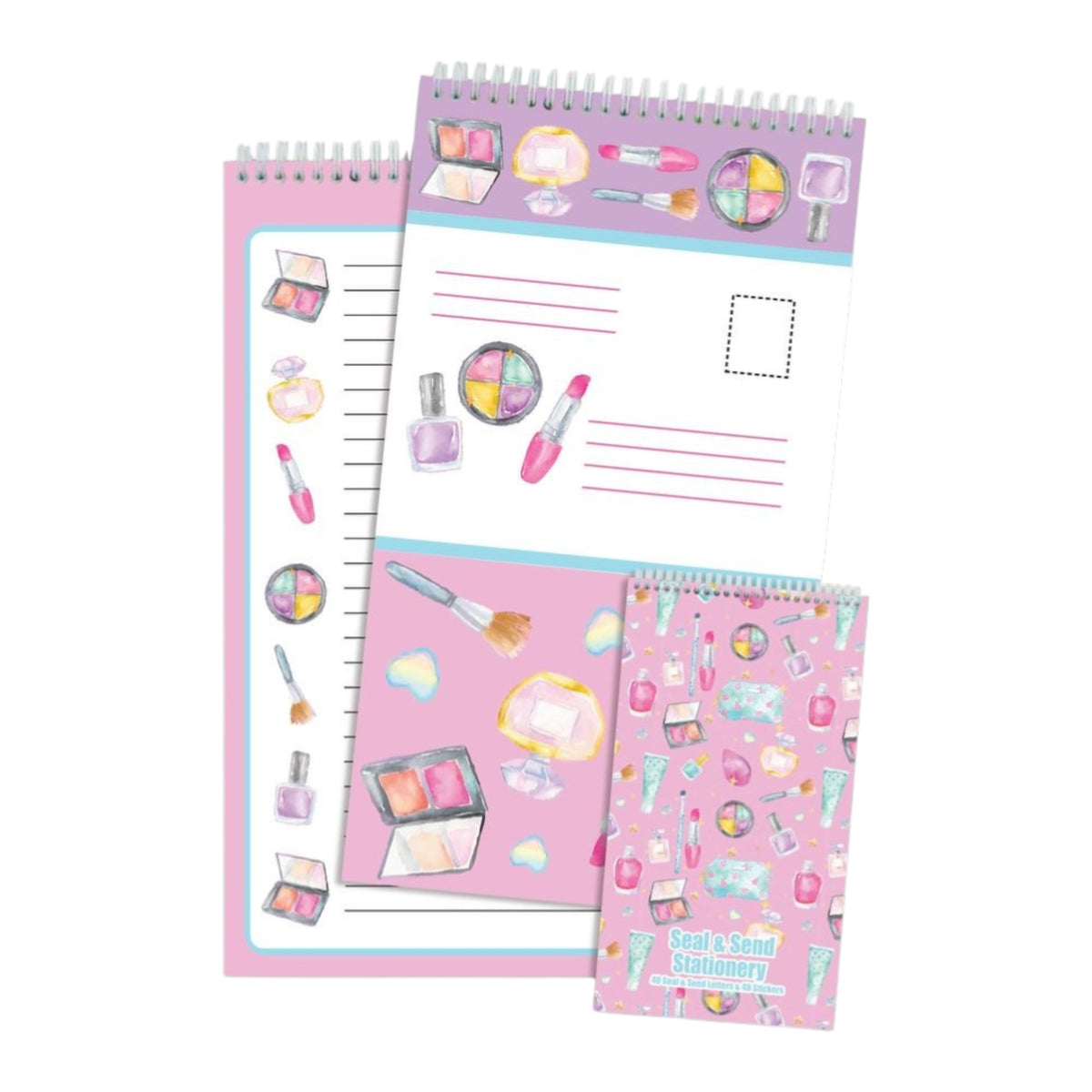 Beauty Fun Seal and Send stationery with watercolor makeup, nail polish and lipstick in pink and purple