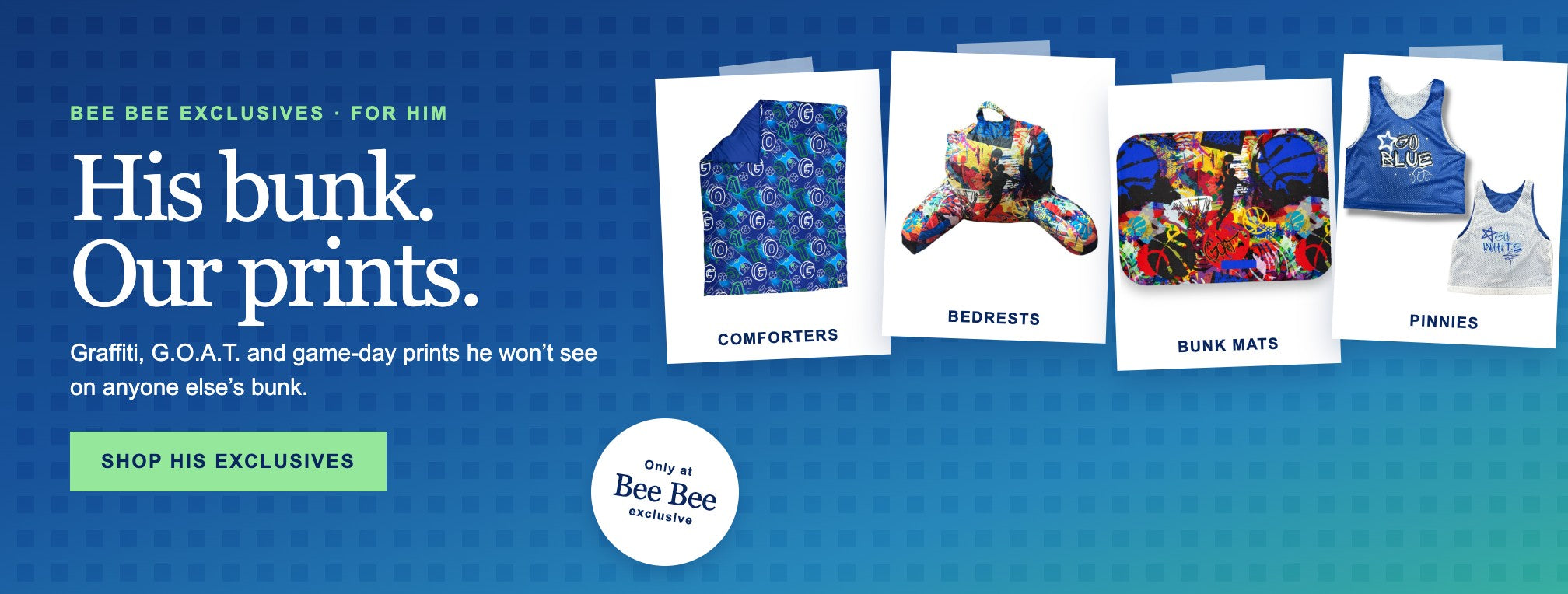 His bunk. Our prints. Bee Bee exclusive comforters, bedrests, bunk mats and pinnies