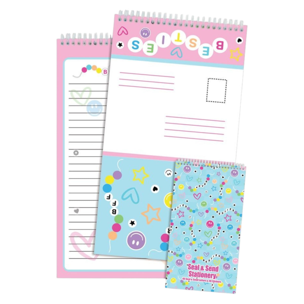 Besties Seal and Send stationery pads with beaded BESTIES lettering, smileys and stars in pink and blue
