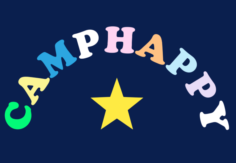 Close up of Camp Happy 5x7 card showing vibrant multicolor letters C-A-M-P-H-A-P-P-Y arranged in semicircle above bright yellow five-point star on dark blue card