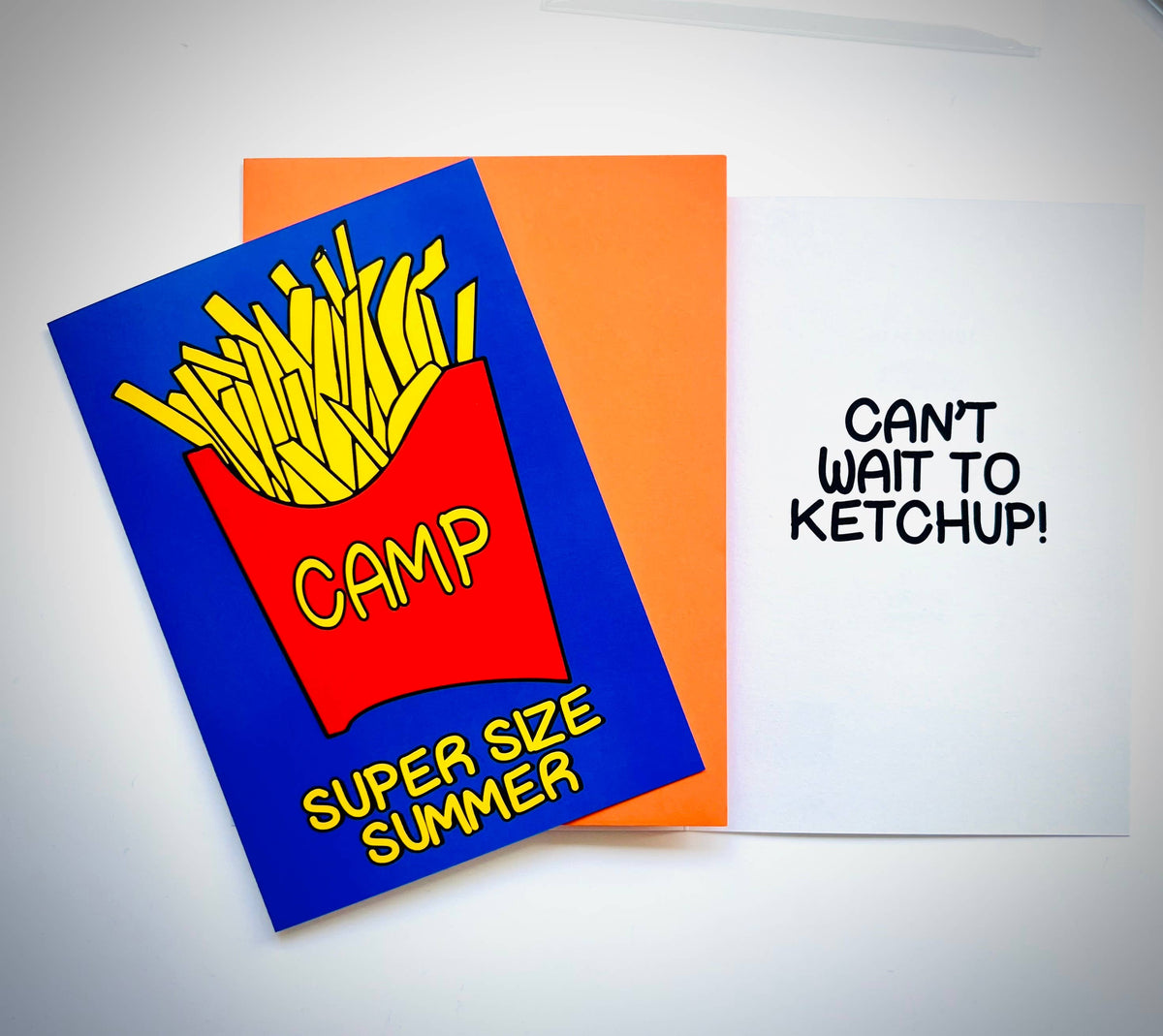 Camp Fries Super Size Summer greeting card with yellow fries on red container against blue background with text Can't Wait To Ketchup card displayed next to it