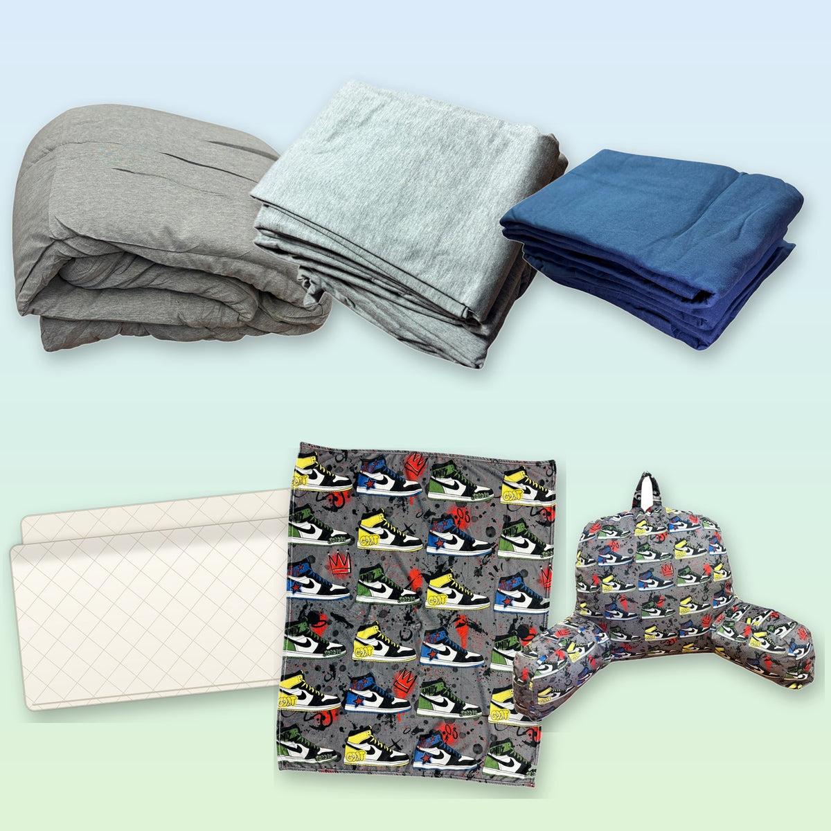 The camp basics bedding bundle: jersey comforter, gray and navy sheet sets, quilted waterproof mattress pad, fuzzy blanket and bedrest.