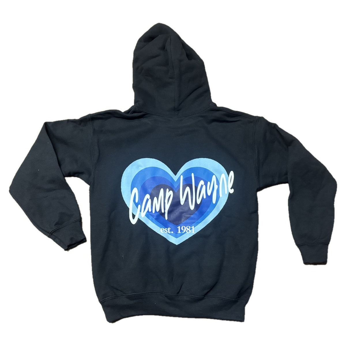 Retro Heart Camp Sweatshirt back with Camp Wayne in a layered blue heart
