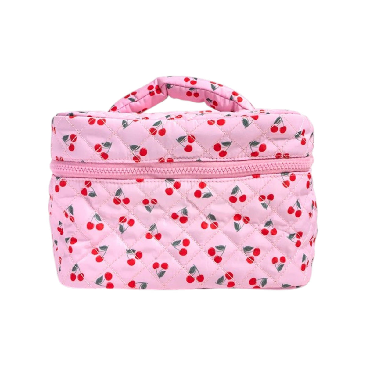 Pink quilted cosmetic travel bag with red cherry print pattern and twisted top handle, featuring zip-around closure