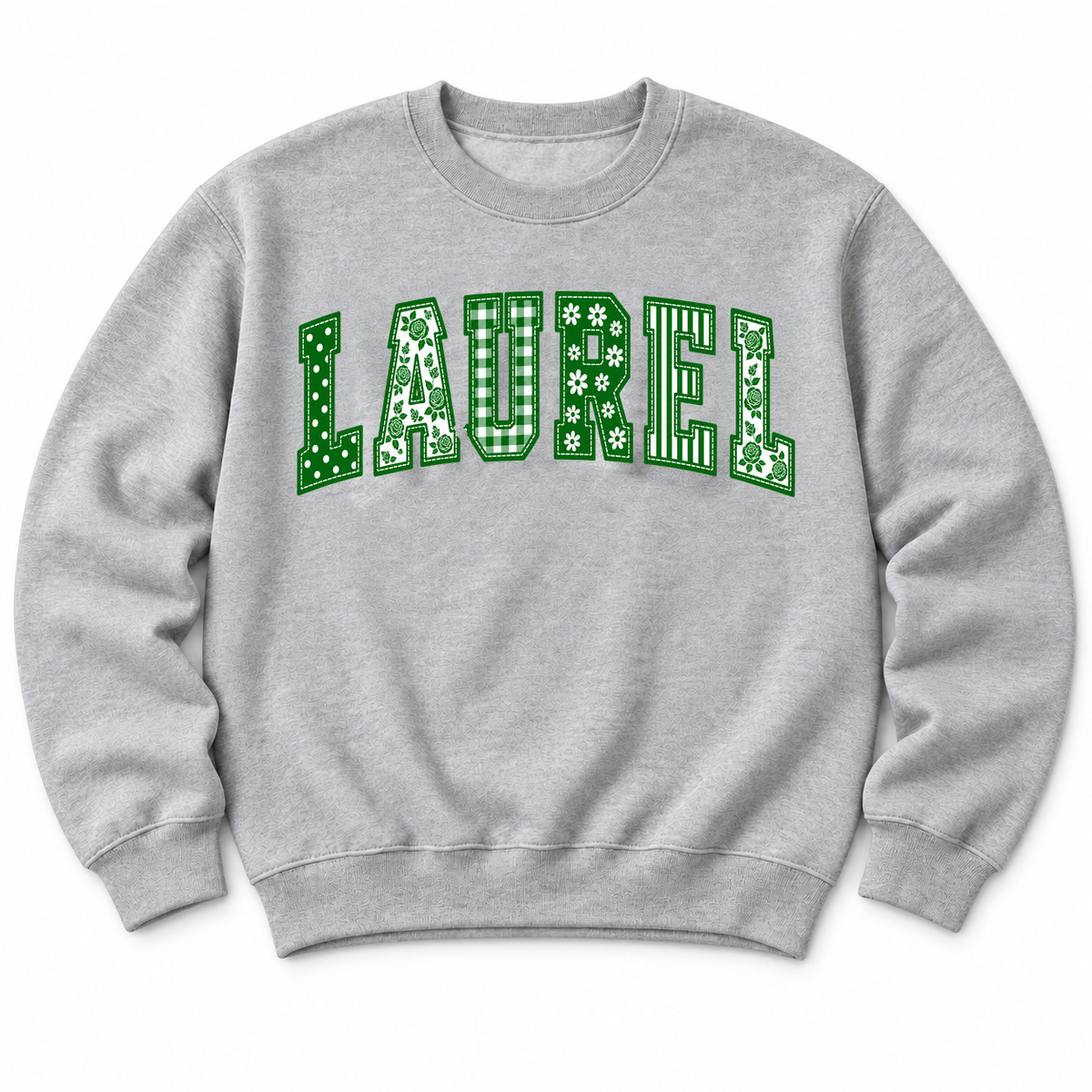 Gray Coquette Letters sweatshirt with LAUREL in green and white patchwork varsity letters