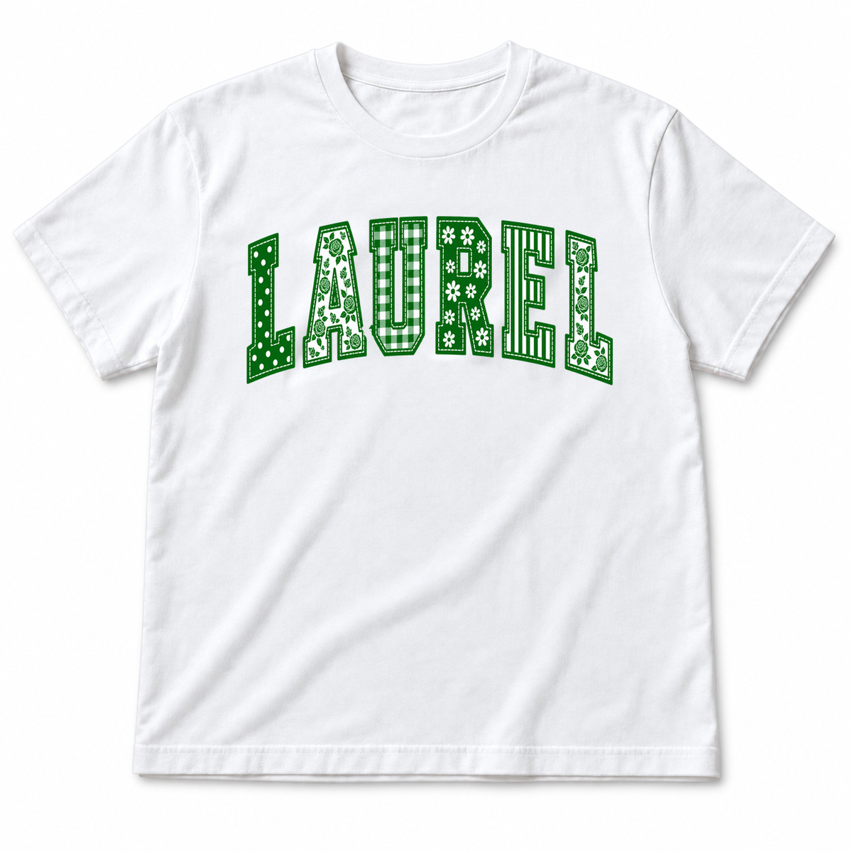 Coquette Letters Tee in white with LAUREL in green and white patchwork varsity letters