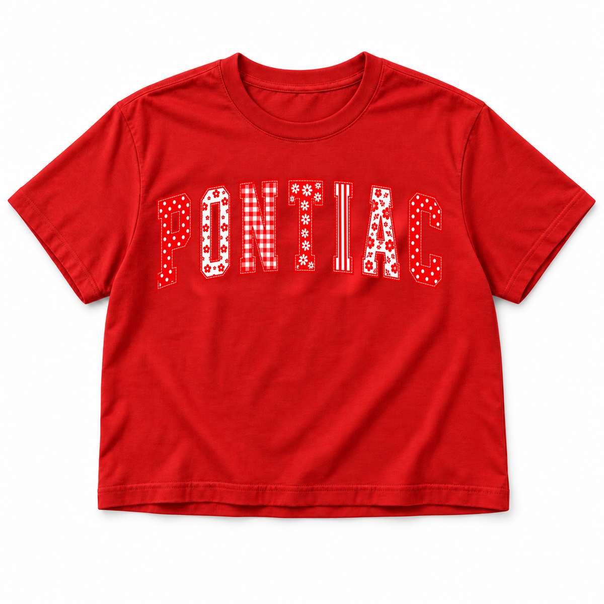 Slightly cropped red Coquette Letters Tee with PONTIAC in red and white patchwork varsity letters